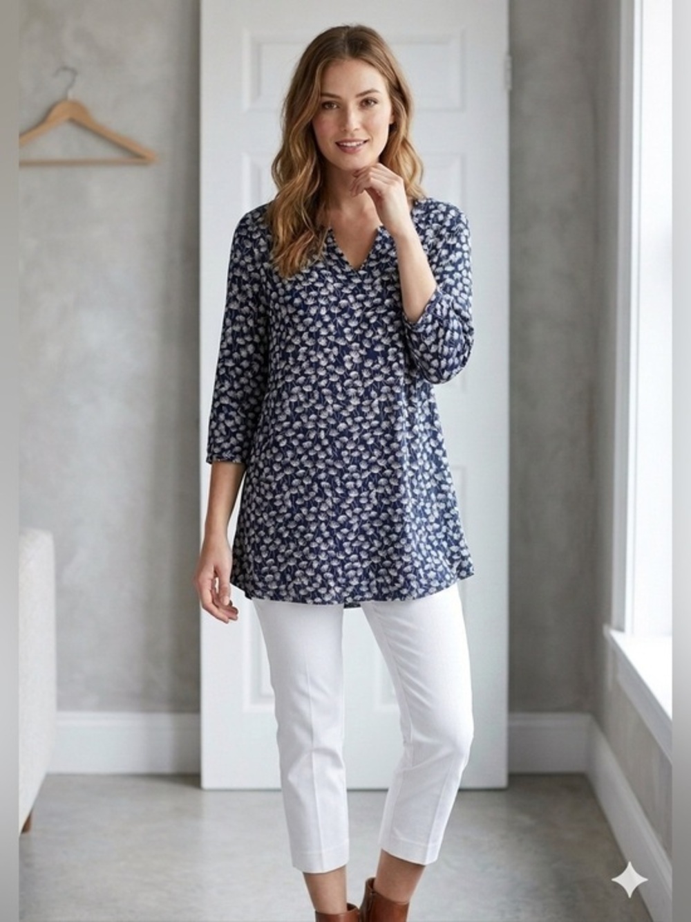 Komil Women’s Large Blue White Arsty Floral Tunic Top 100% Cotton Lagenlook L